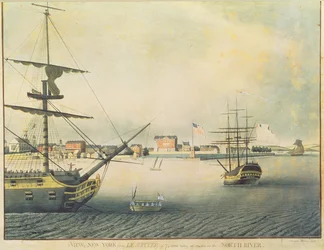 Utsikt över New York från "Le Jupiter" av 74 vapen som ligger vid ankare i North River, 1794
